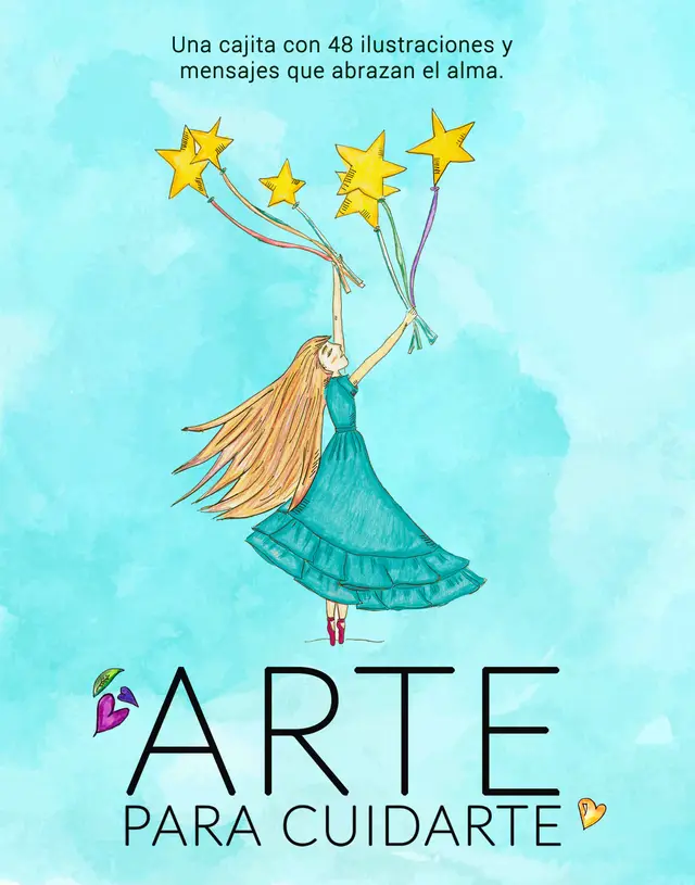 Cajita de Arte para cuidarte: una chica con globos de estrellas sobre acuarela turquesa.