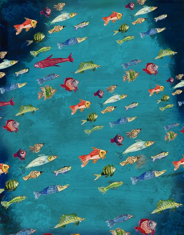 Cajita de Mar: peces de colores dibujados a mano nadando en el mar.